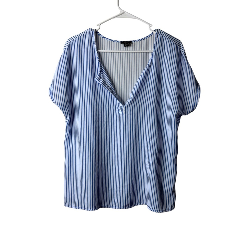 Ann Taylor Blue White Striped Mixed Media Short Sleeve Blouse